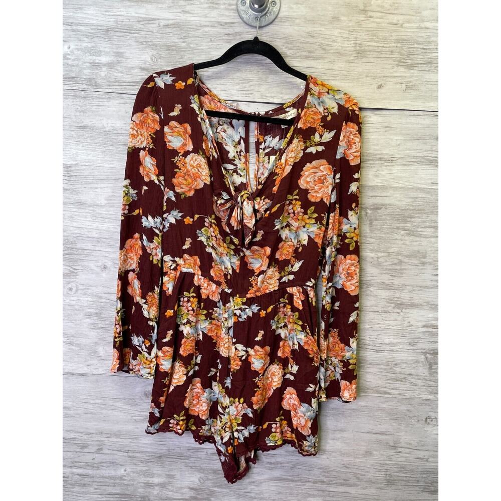 Rewind Romper Juniors S Cherry Cola Burgundy Floral Long Sleeve‎ V Neck